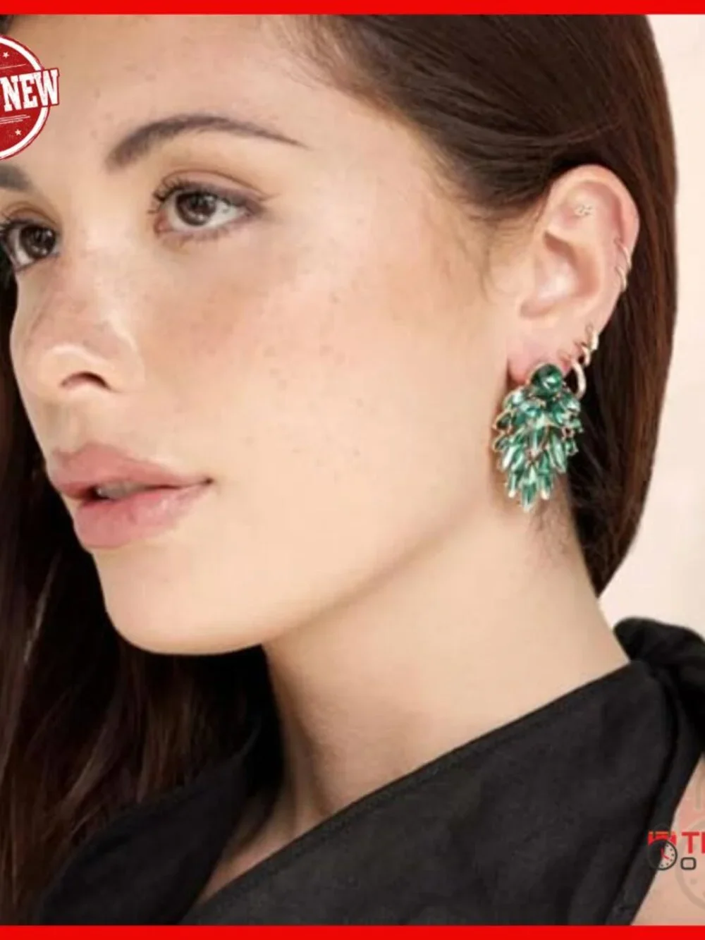 18k Gold Plated Stud Earrings with Emerald Green Crystals, 1.7 Inches